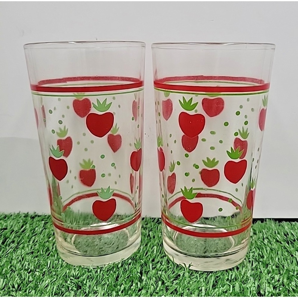 VTG Retro Strawberry Fruit Clear 10 OZ Glass‎ Drinking Cup Tumblers